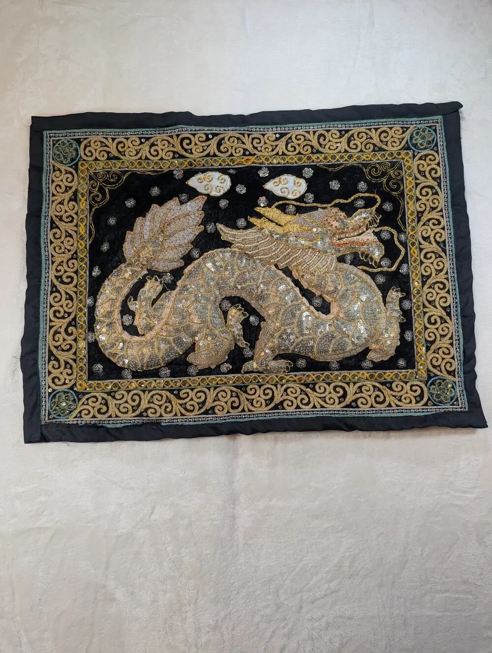 Vintage Burmese (Myanmar) Kalaga Style Beaded & Sequined Dragon Tapestry